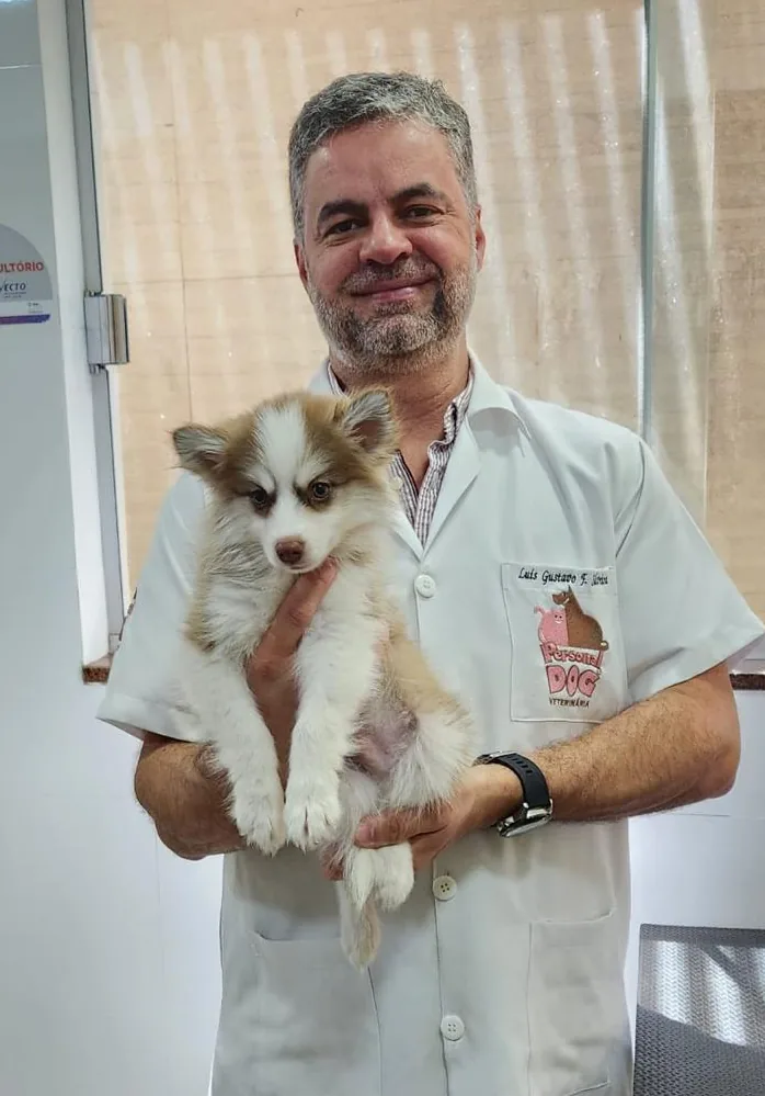 Dr. Luis Gustavo, veterin&aacute;rio da Personal Dog, segurando um filhote no consult&oacute;rio